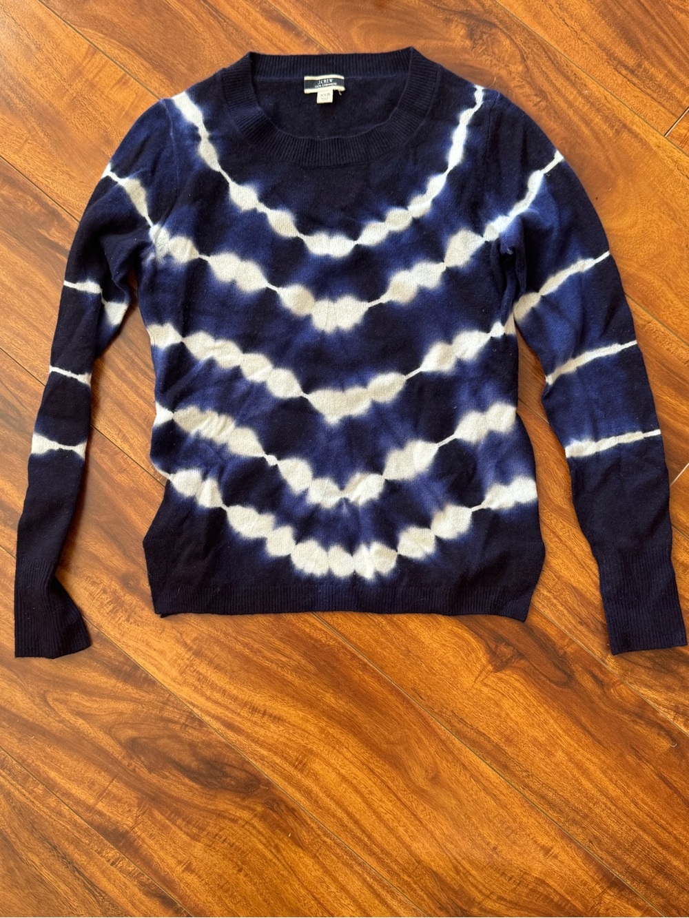 J.Crew Navy and White Tie-Dye Crewneck Cashmere Sweater